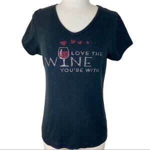 Women’s black rhinestone wine tee, short sleeve embellished graphic T-shirt